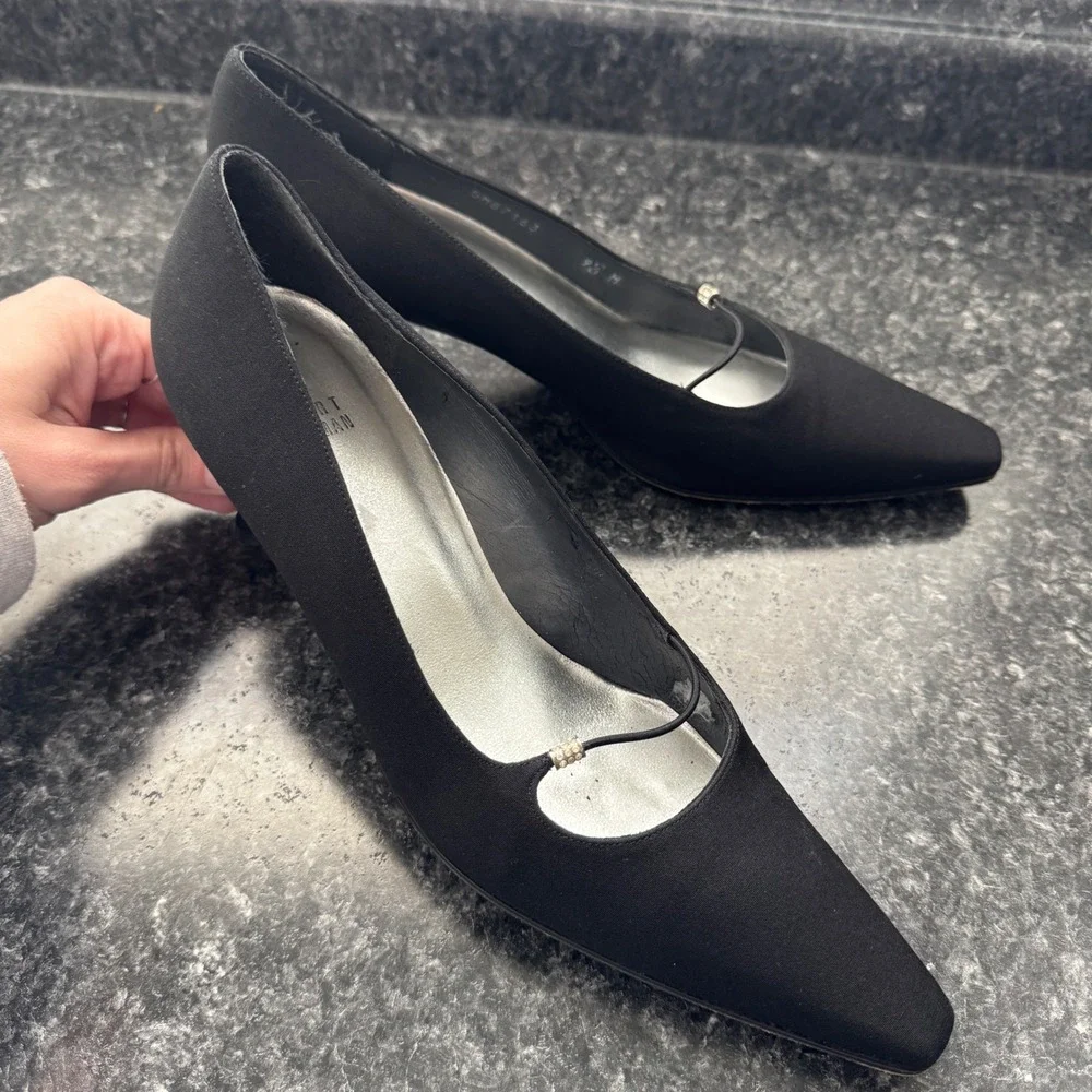 Vintage Stuart Weitzman Black Satin Crystal Strap Pointed Toe Kitten Heel 9.5 M